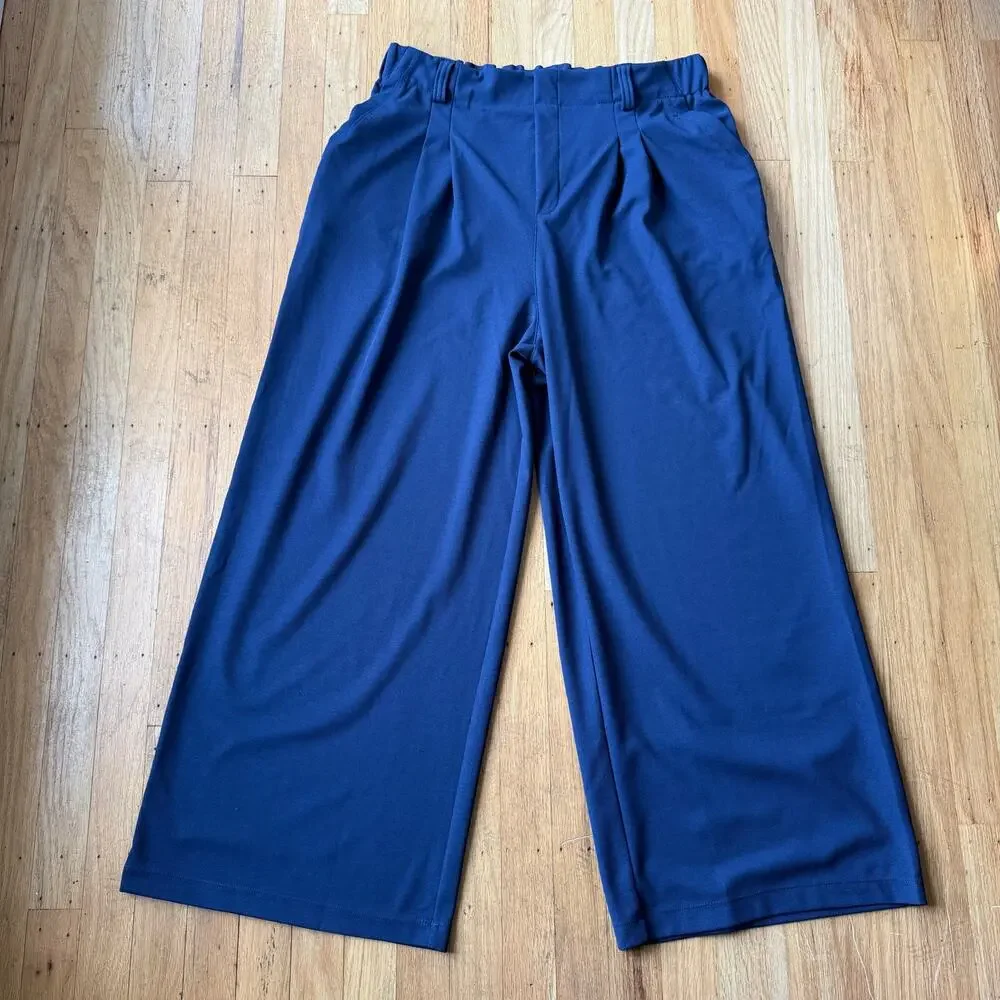 Halara Blue Pull On High Rise Pleated Wide Leg Stretch Knit Trouser Pants Sz LP - Picture 4 of 15